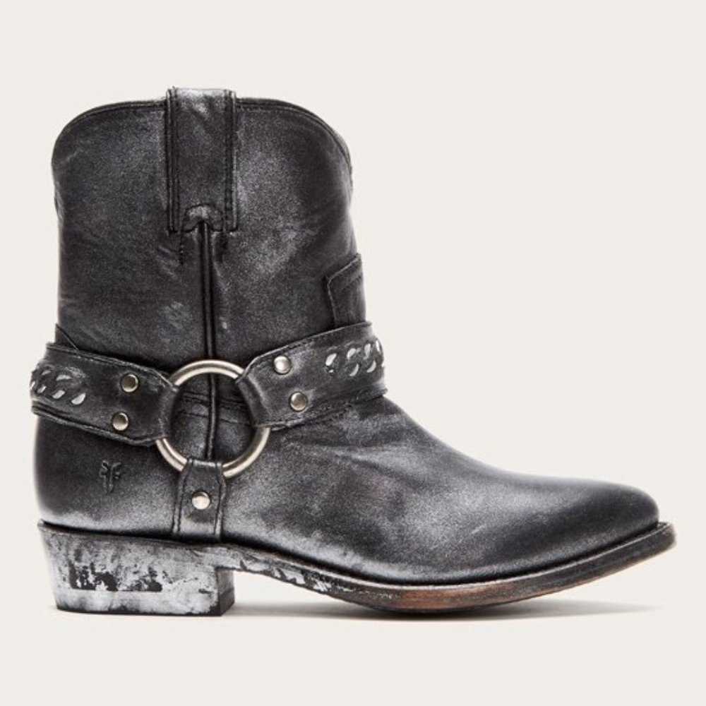$429 Frye Billy Metallic Silver Chain Black Leather Cowboy Motorcycle Ankle Boot - Picture 1 of 16